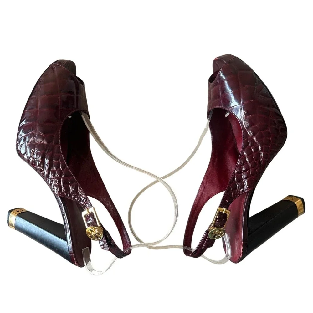Tory Burch Allison Croc Patent Slingback Peep Toe‎ Block Heels 8 Bordeaux
